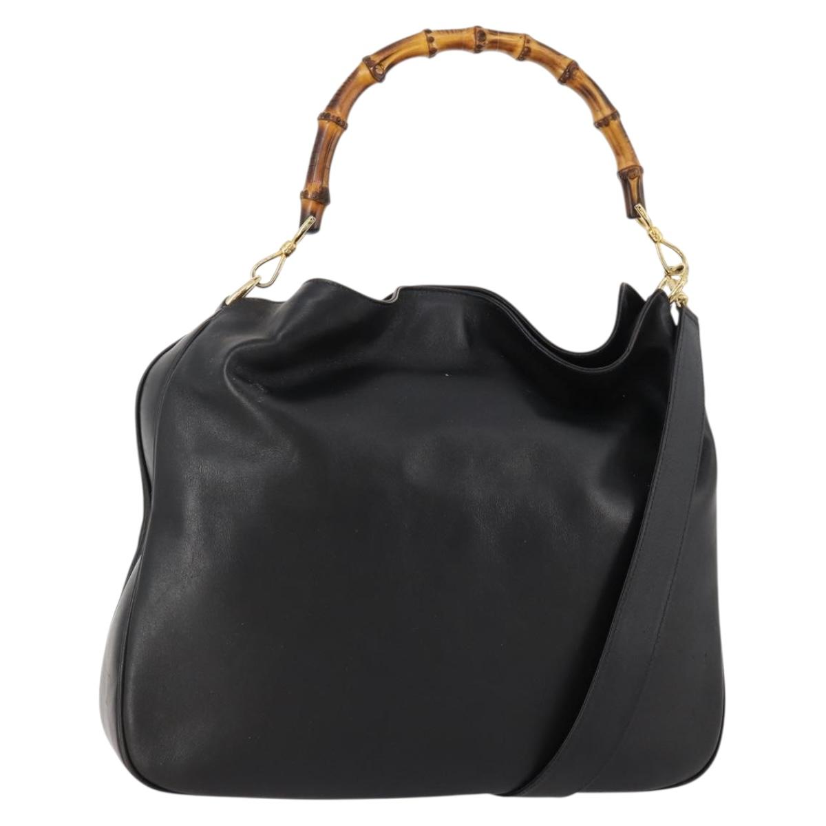 GUCCI Bamboo Hand Bag Leather 2way Black Gold Auth 169781