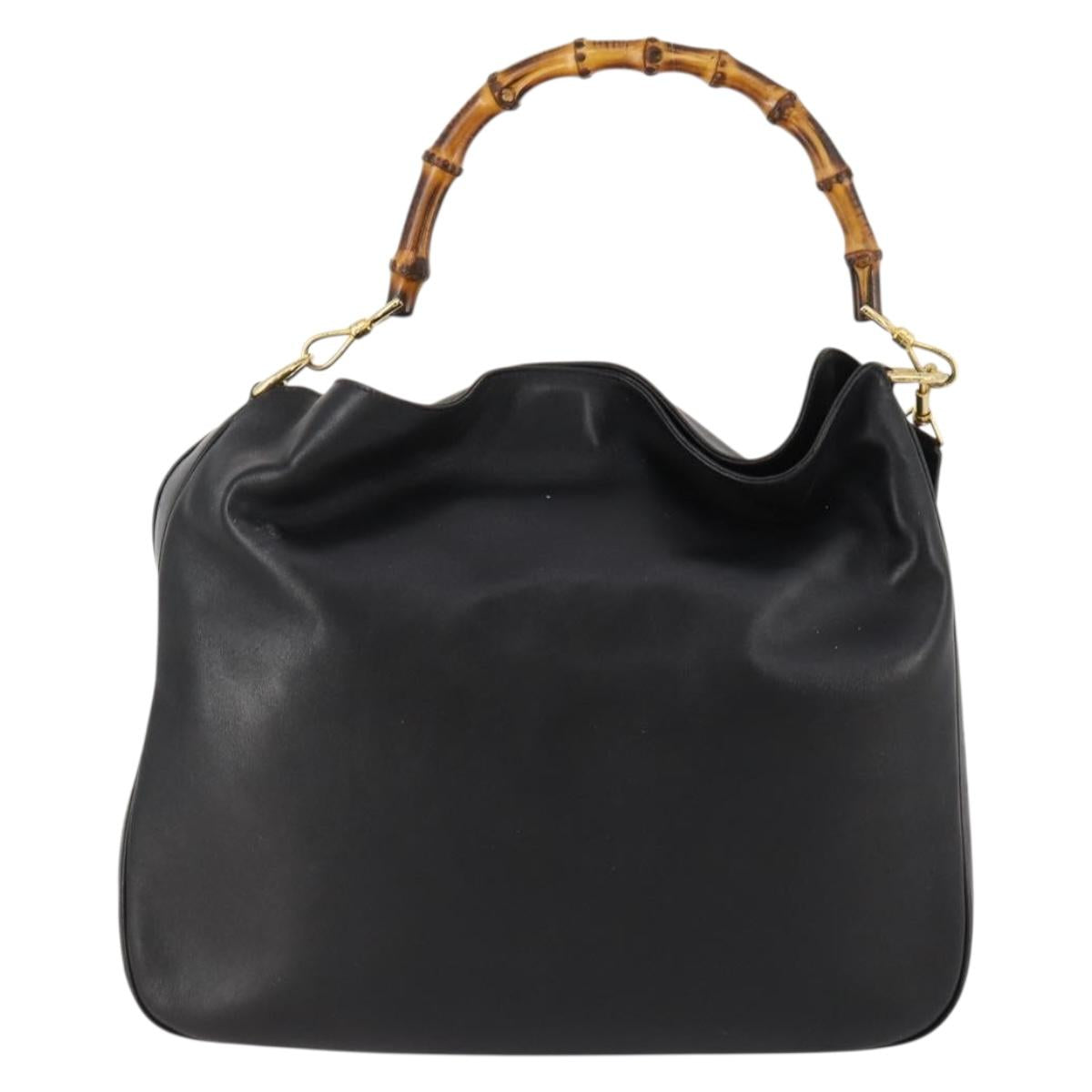 GUCCI Bamboo Hand Bag Leather 2way Black Gold Auth 169781