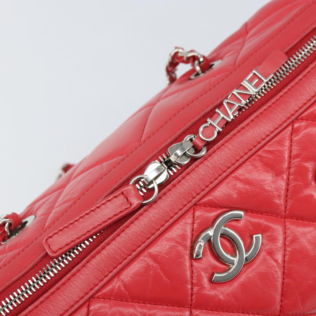 CHANEL Chain Boston Bag Leather 2way Red Silver CC Auth 169810SAM