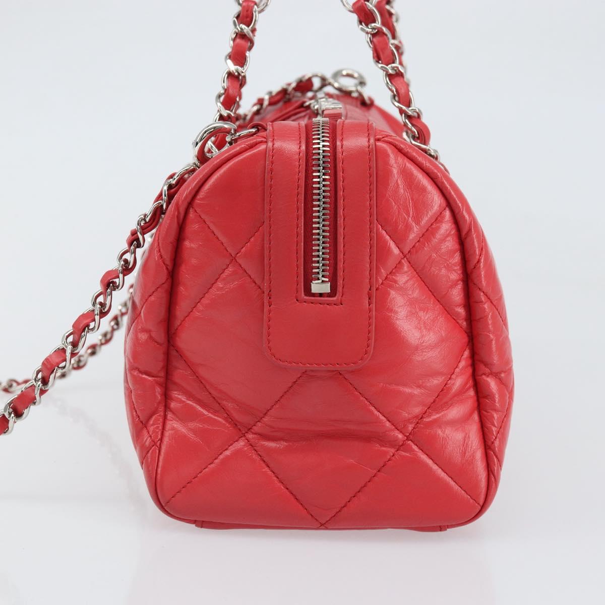 CHANEL Chain Boston Bag Leather 2way Red Silver CC Auth 169810SAM