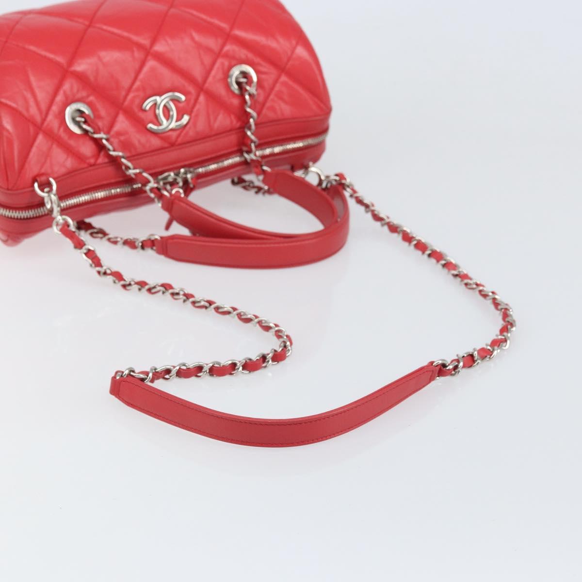 CHANEL Chain Boston Bag Leather 2way Red Silver CC Auth 169810SAM