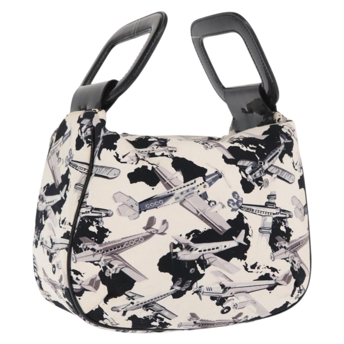 CHANEL Airline Hand Bag Canvas White Silver CC Auth 169837