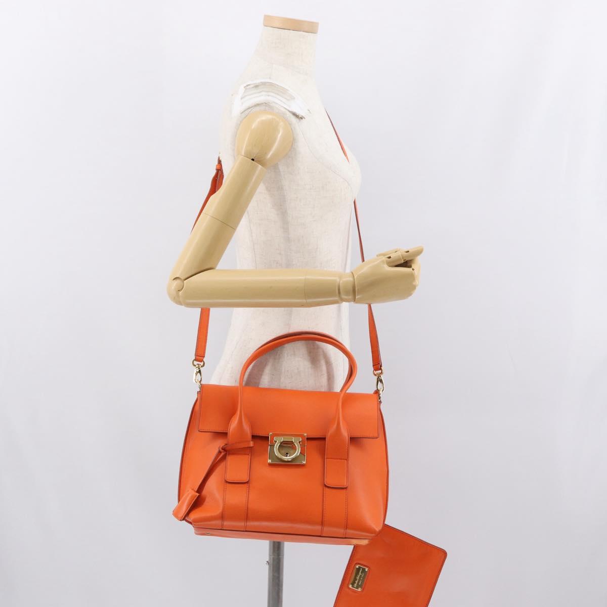 Salvatore Ferragamo Gancini Hand Bag Leather 2way Orange Gold Auth 169855