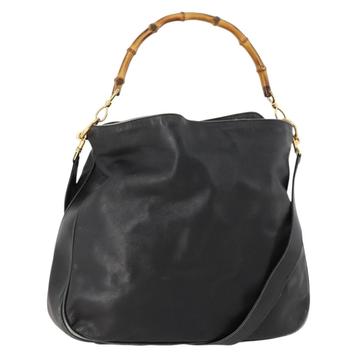 GUCCI Bamboo Shoulder Bag Leather 2way Black Gold 001 1577 2615 Auth 169863