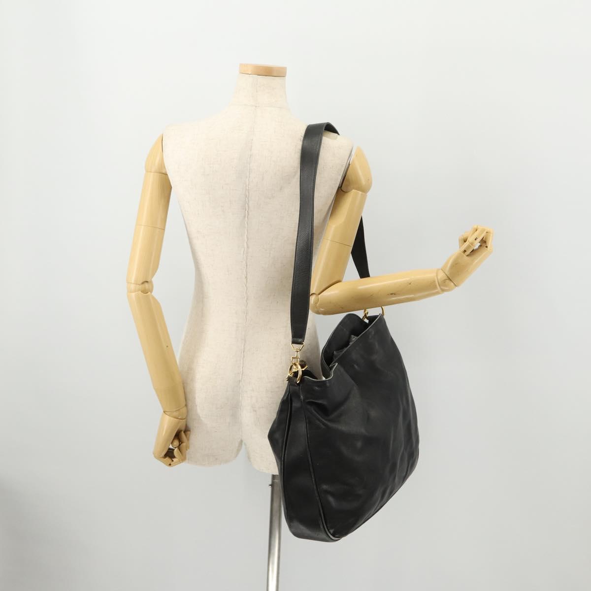 GUCCI Bamboo Shoulder Bag Leather 2way Black Gold 001 1577 2615 Auth 169863