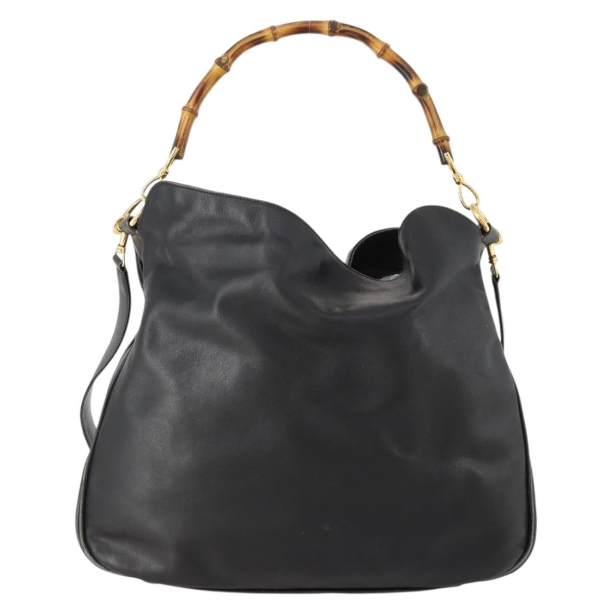 GUCCI Bamboo Shoulder Bag Leather 2way Black Gold 001 1577 2615 Auth 169863