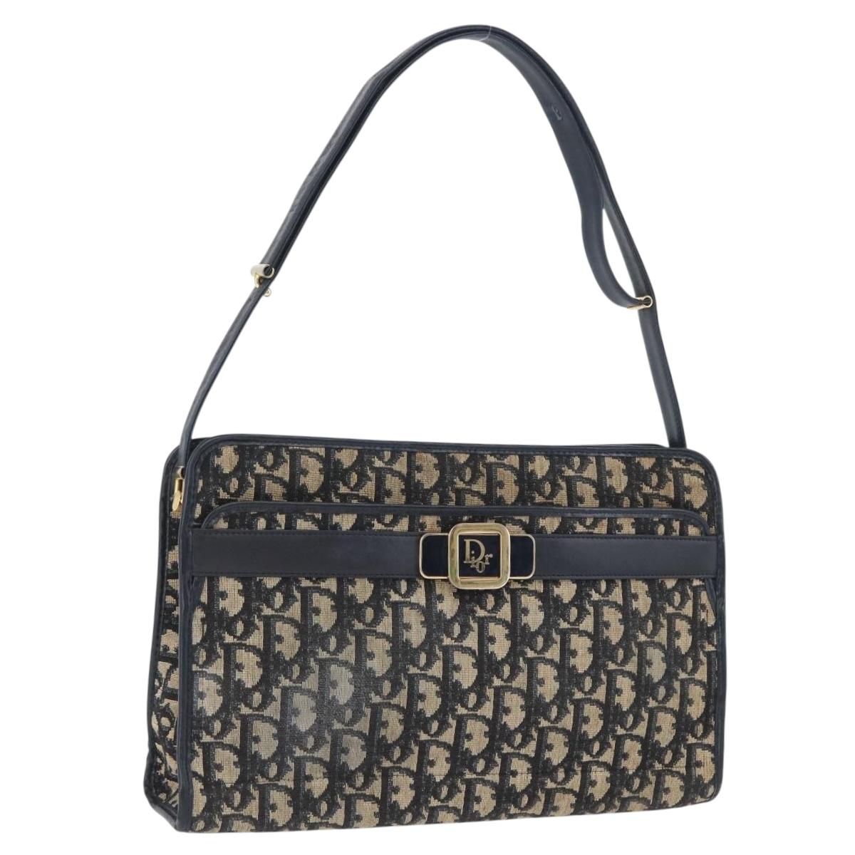 Christian Dior Trotter Canvas Shoulder Bag Navy Gold Auth 169874