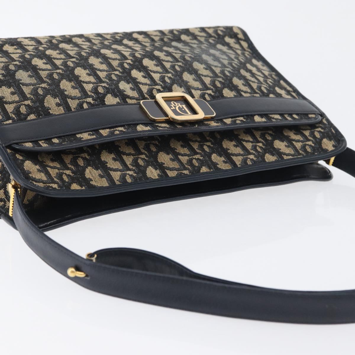 Christian Dior Trotter Canvas Shoulder Bag Navy Gold Auth 169874