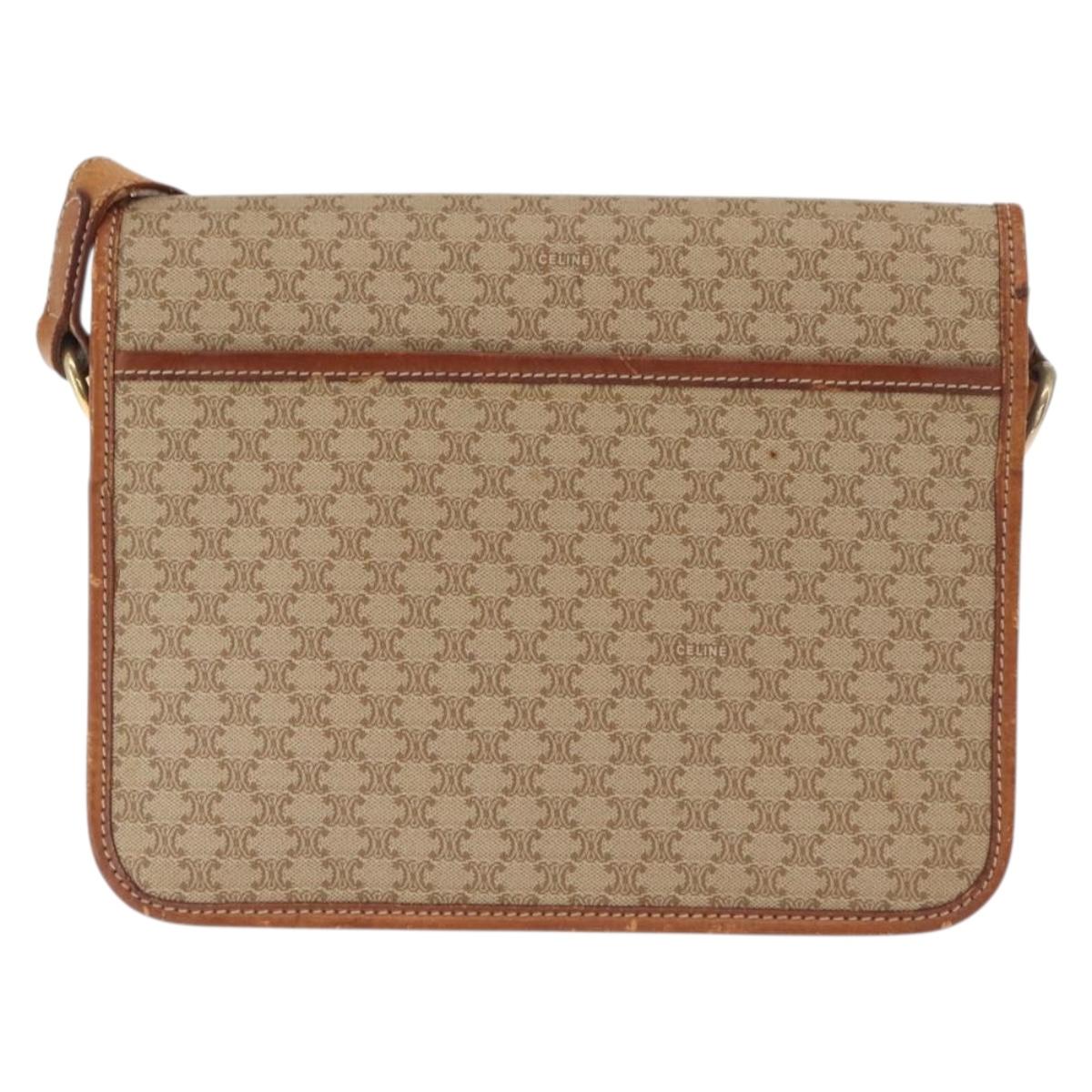 CELINE Macadam Canvas Shoulder Bag PVC Leather Beige Gold Auth 169877