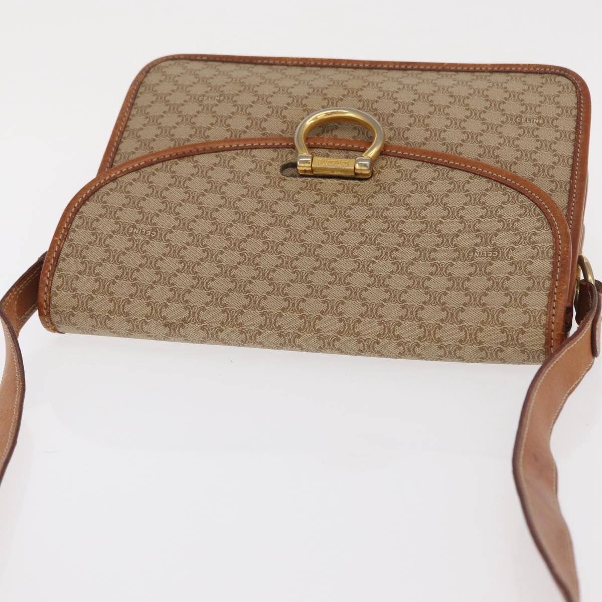 CELINE Macadam Canvas Shoulder Bag PVC Leather Beige Gold Auth 169877