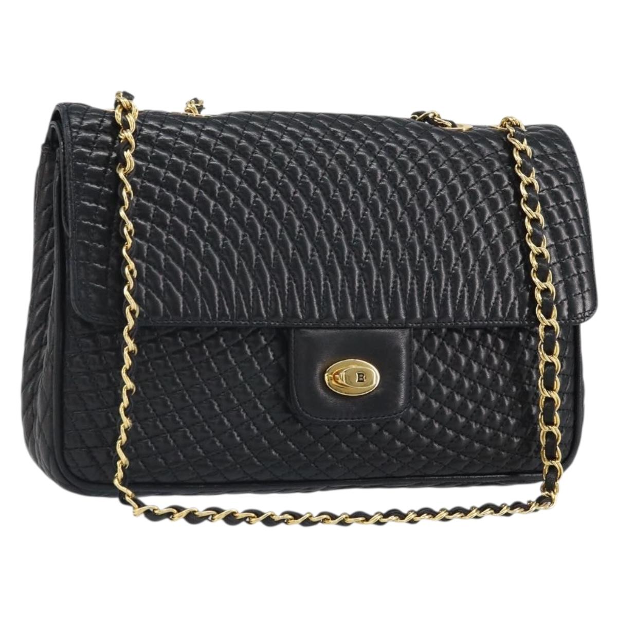 BALLY Chain Shoulder Bag Leather Black Gold Auth 169878V