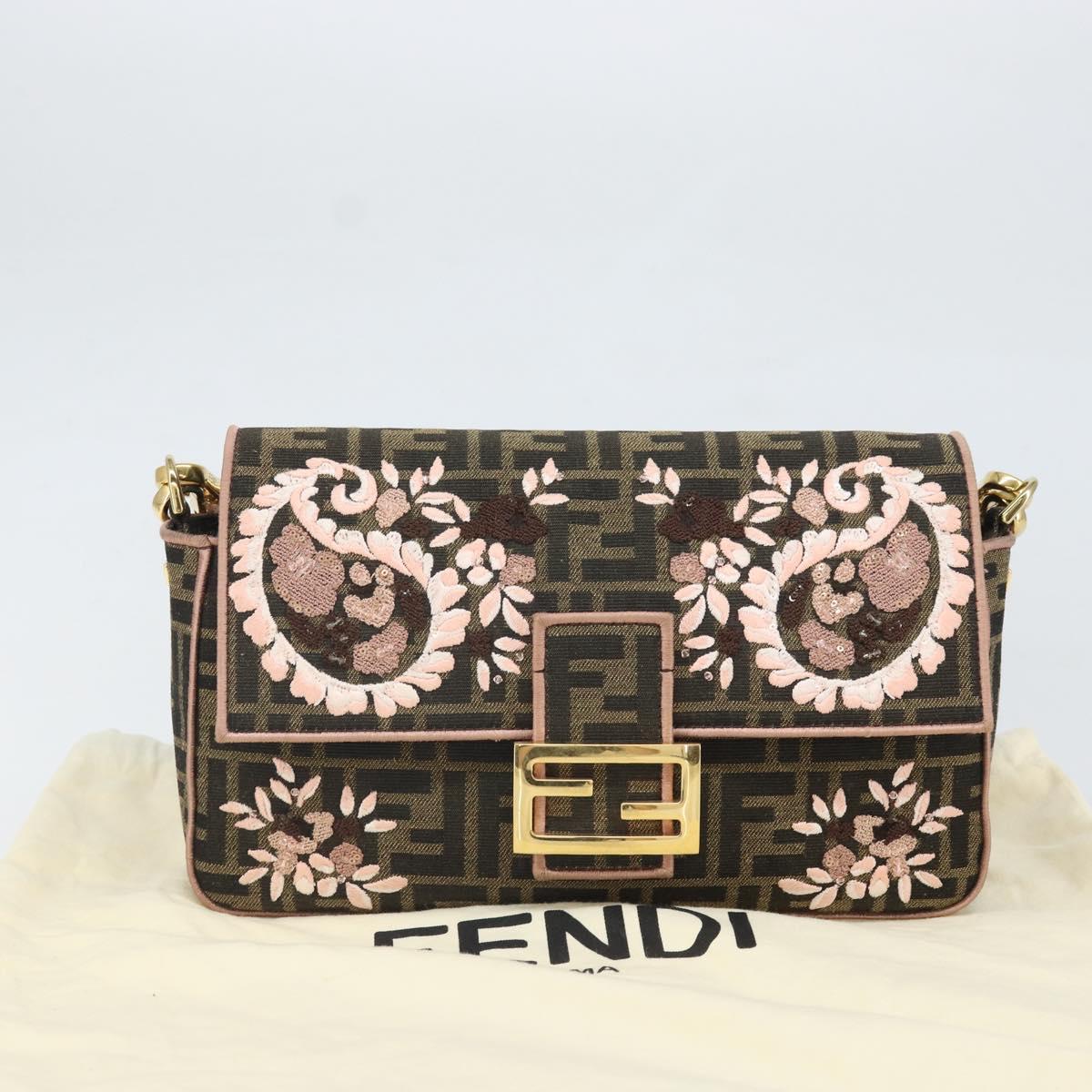 FENDI Zucca Canvas Shoulder Bag Black Brown gold Auth 169895SAM
