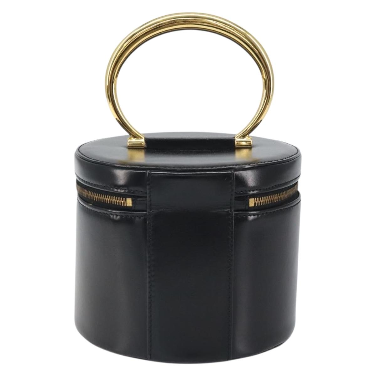 CELINE Vanity Hand Bag Leather Black Gold Auth 169907V
