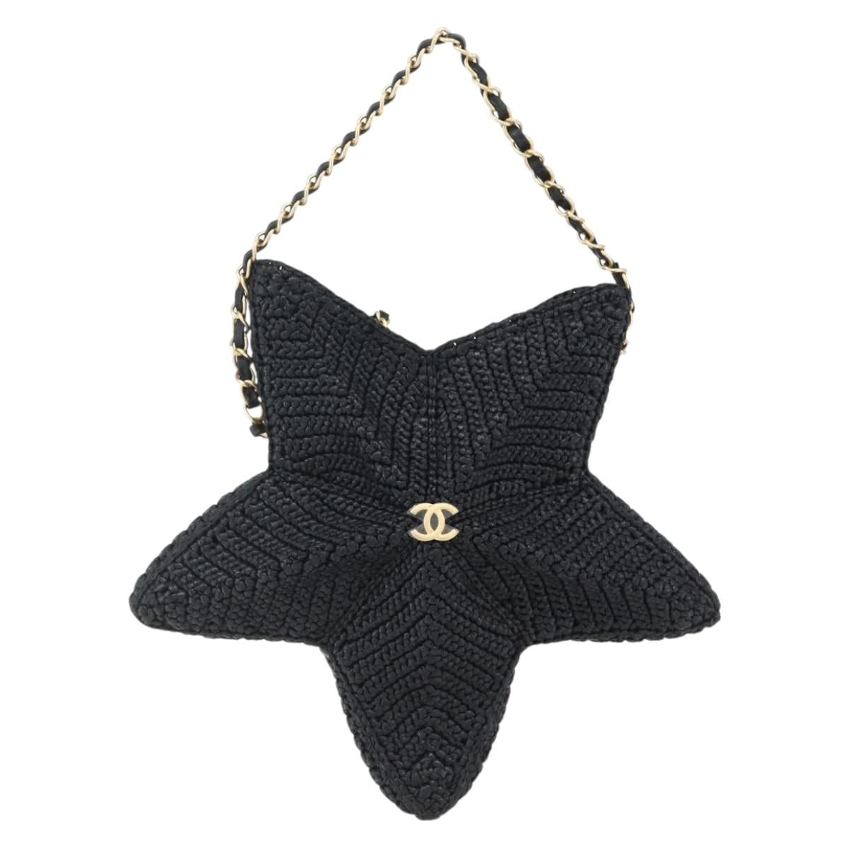 CHANEL Chain Shoulder Bag Raffia 2way Black Gold CC Auth 169908SM