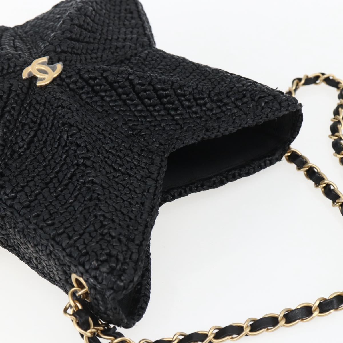 CHANEL Chain Shoulder Bag Raffia 2way Black Gold CC Auth 169908SM