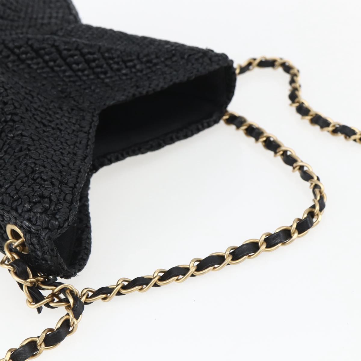 CHANEL Chain Shoulder Bag Raffia 2way Black Gold CC Auth 169908SM
