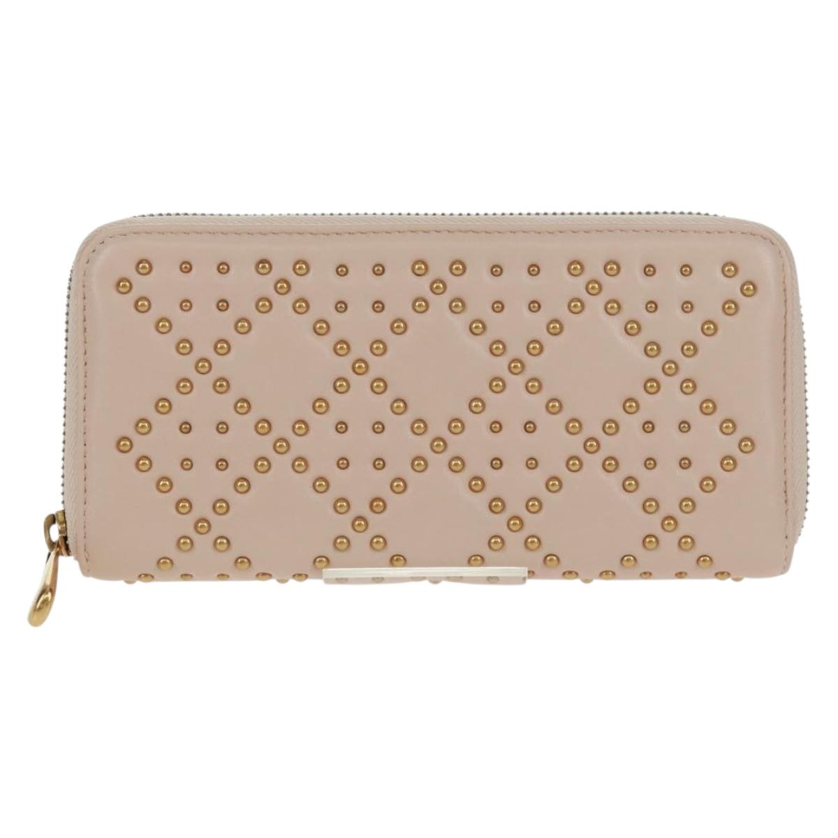 Christian Dior Cannage Studs Long Wallet Lamb Skin Pink Gold Auth 169933M
