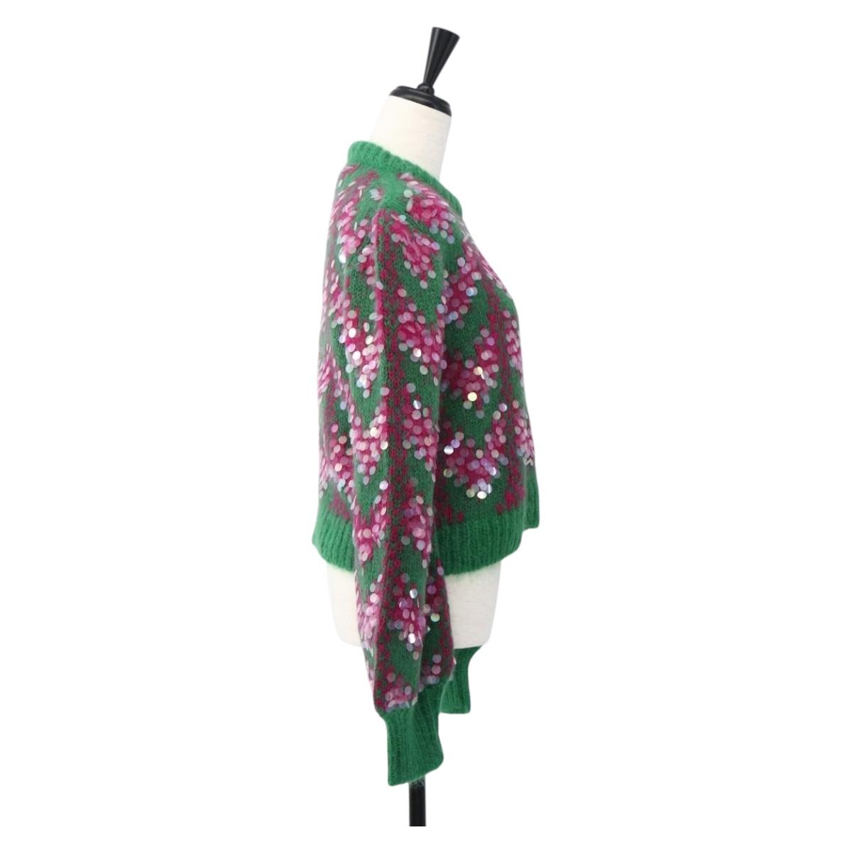 GUCCI Chevron Sequin Knit Sweater Wool Green 713233 Auth 169947V