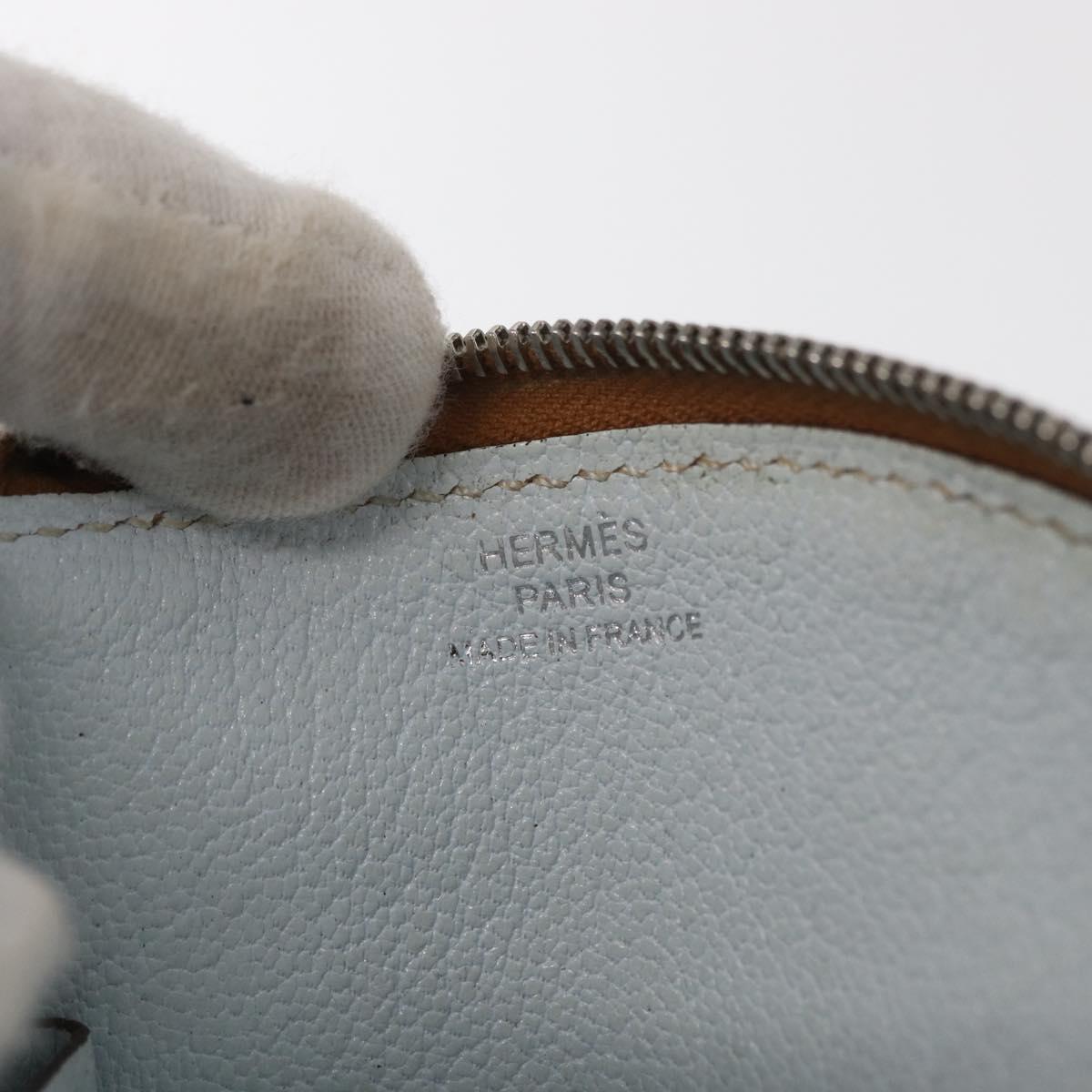 HERMES Paddock Coin Purse Leather Light Blue Auth 169952