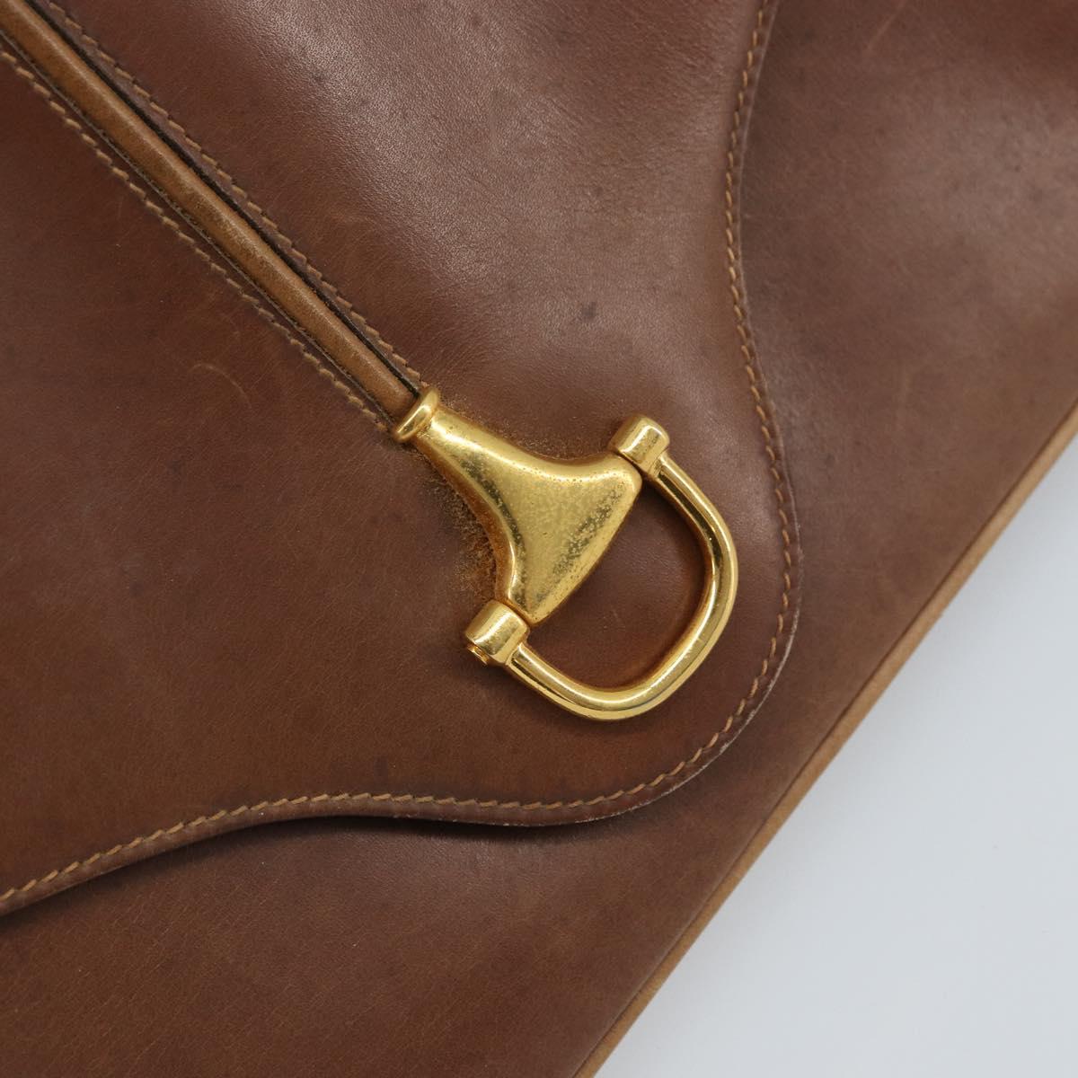 GUCCI Shoulder Bag Leather Brown Gold Auth 170074