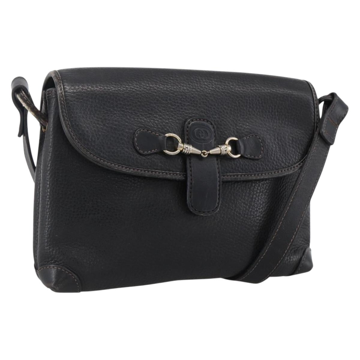 GUCCI Horsebit Shoulder Bag Leather Black Gold Auth 170075