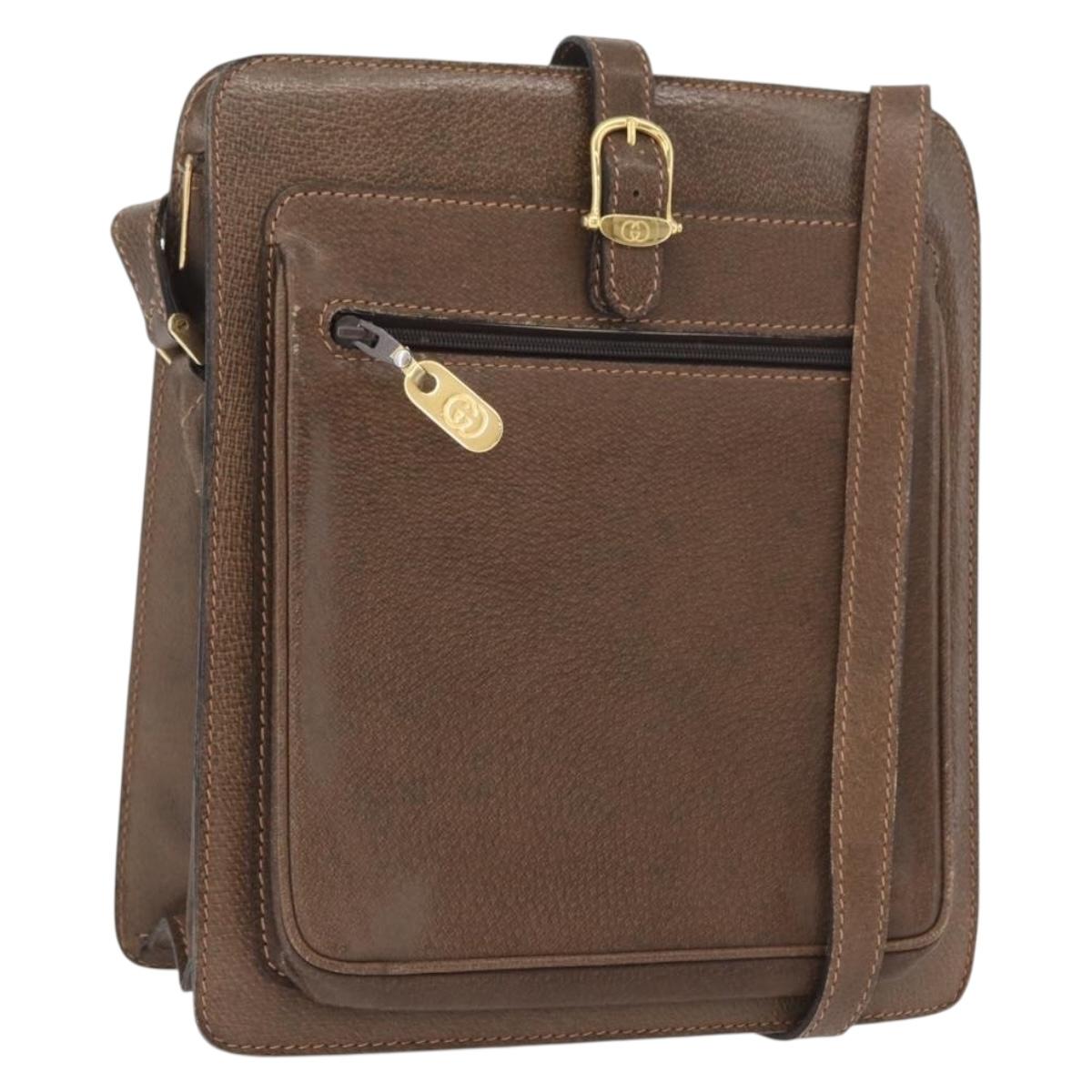 GUCCI Shoulder Bag Leather Brown Gold Auth 170114