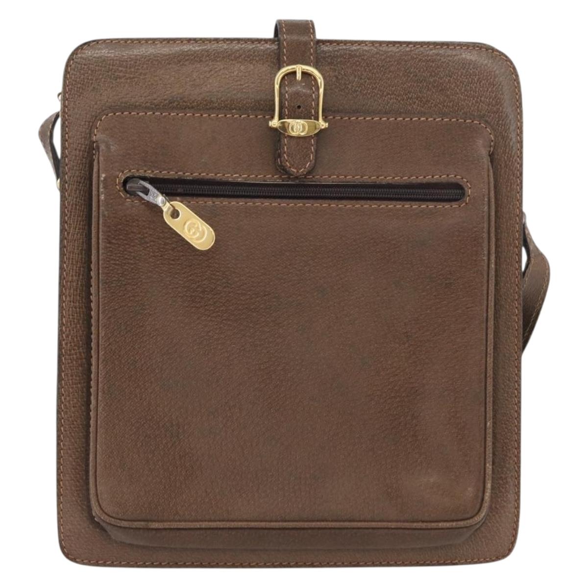 GUCCI Shoulder Bag Leather Brown Gold Auth 170114