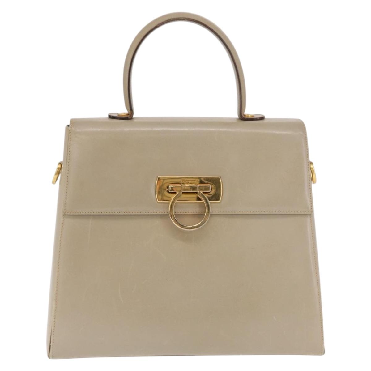 Salvatore Ferragamo Gancini Hand Bag Leather Beige Gold Auth 170123