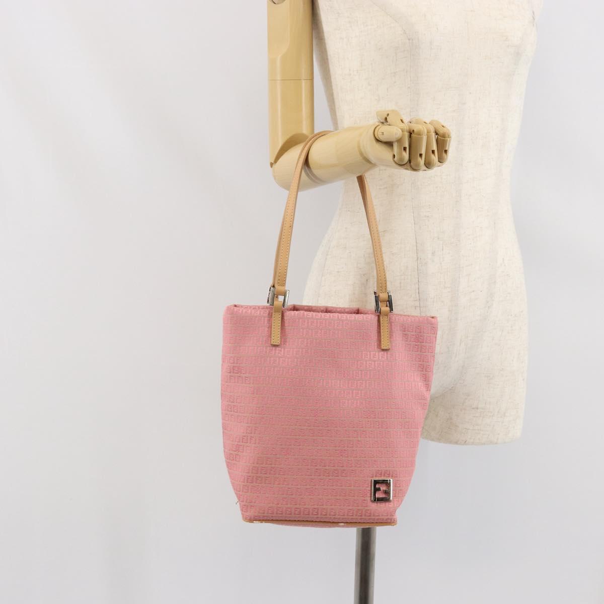 FENDI Zucchino Canvas Tote Bag Pink Silver Auth 170255