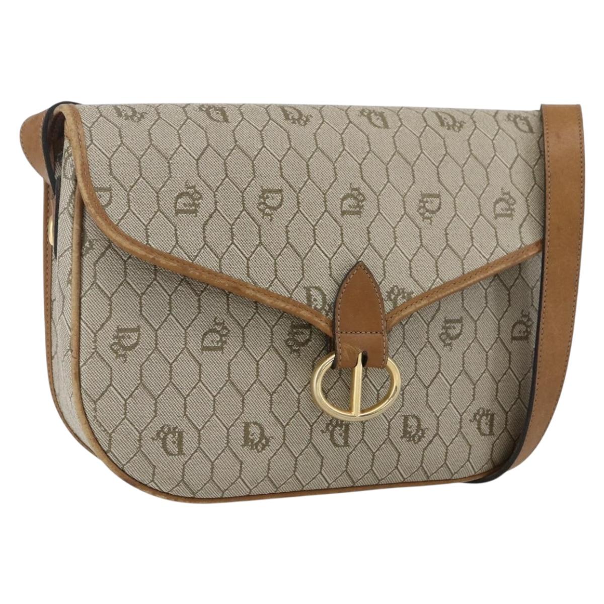 Christian Dior Honeycomb Canvas Shoulder Bag PVC Beige Gold Auth 170259