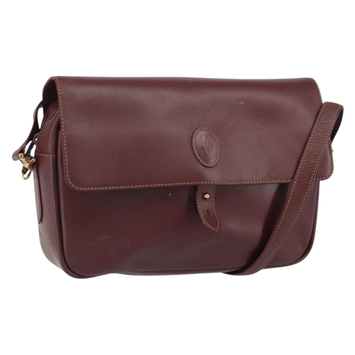 CARTIER Must Line Shoulder Bag Leather Bordeaux Gold Auth 170262