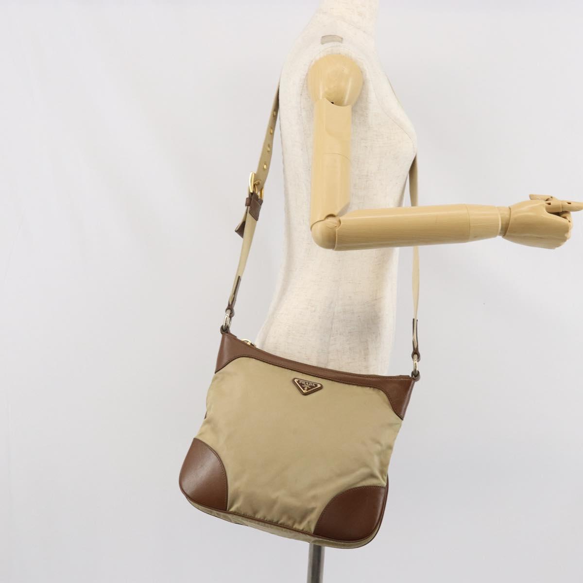 PRADA Shoulder Bag Nylon Beige Gold Auth 170308