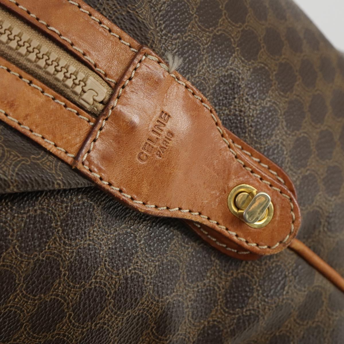 CELINE Macadam Canvas Boston Bag PVC Leather Brown Gold Auth 170328
