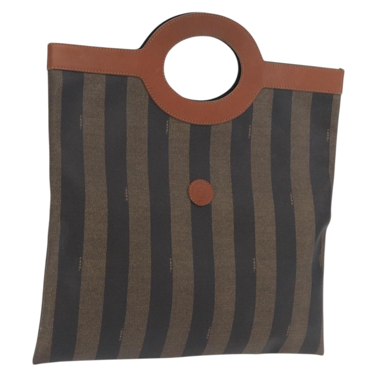 FENDI Pecan Canvas Hand Bag PVC Black Brown Auth 170331