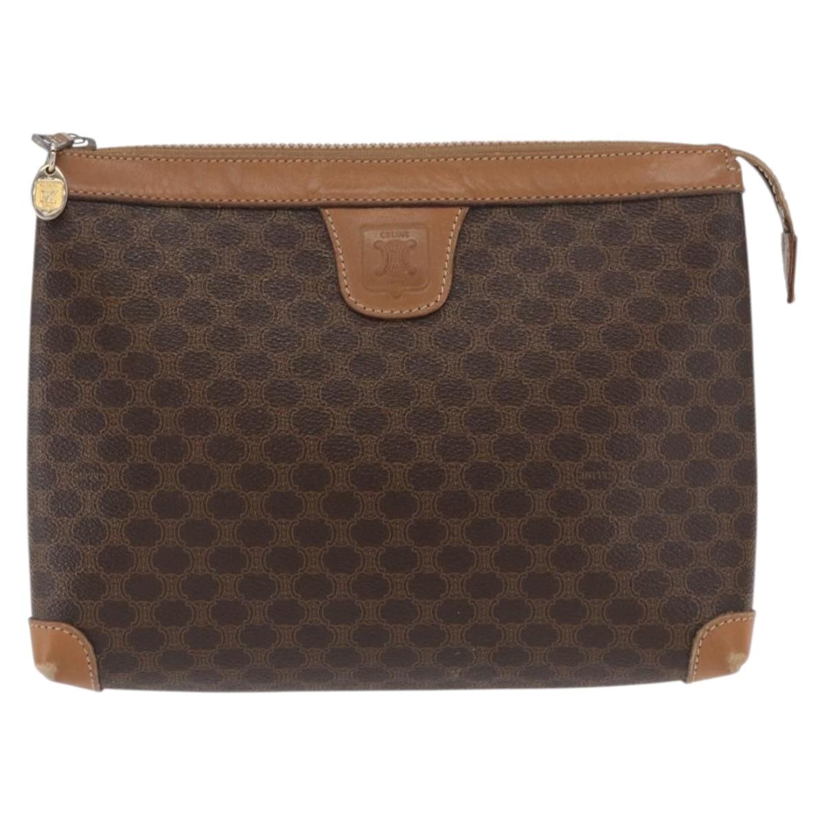 CELINE Macadam Canvas Clutch Bag PVC Leather Brown Gold Auth 170341