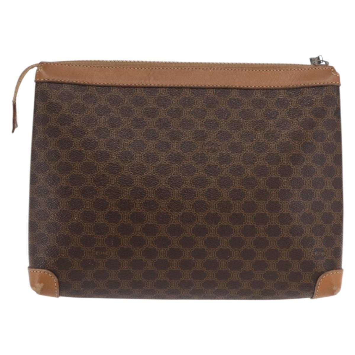 CELINE Macadam Canvas Clutch Bag PVC Leather Brown Gold Auth 170341