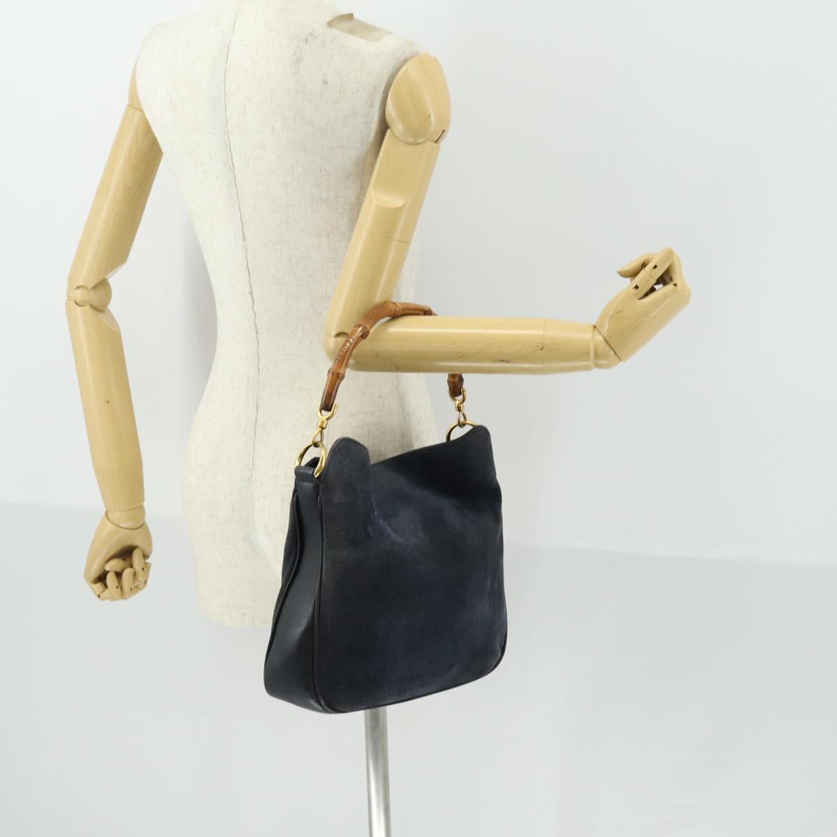 GUCCI Bamboo Hand Bag Suede Navy Gold Auth 170343