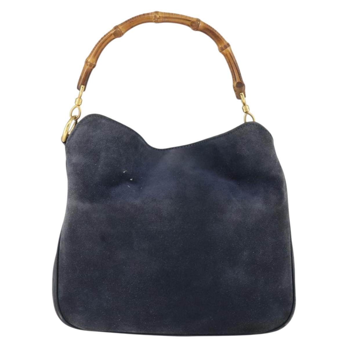 GUCCI Bamboo Hand Bag Suede Navy Gold Auth 170343