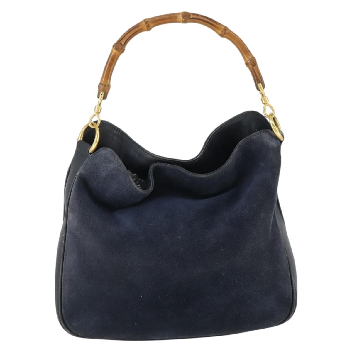 GUCCI Bamboo Hand Bag Suede Navy Gold Auth 170343