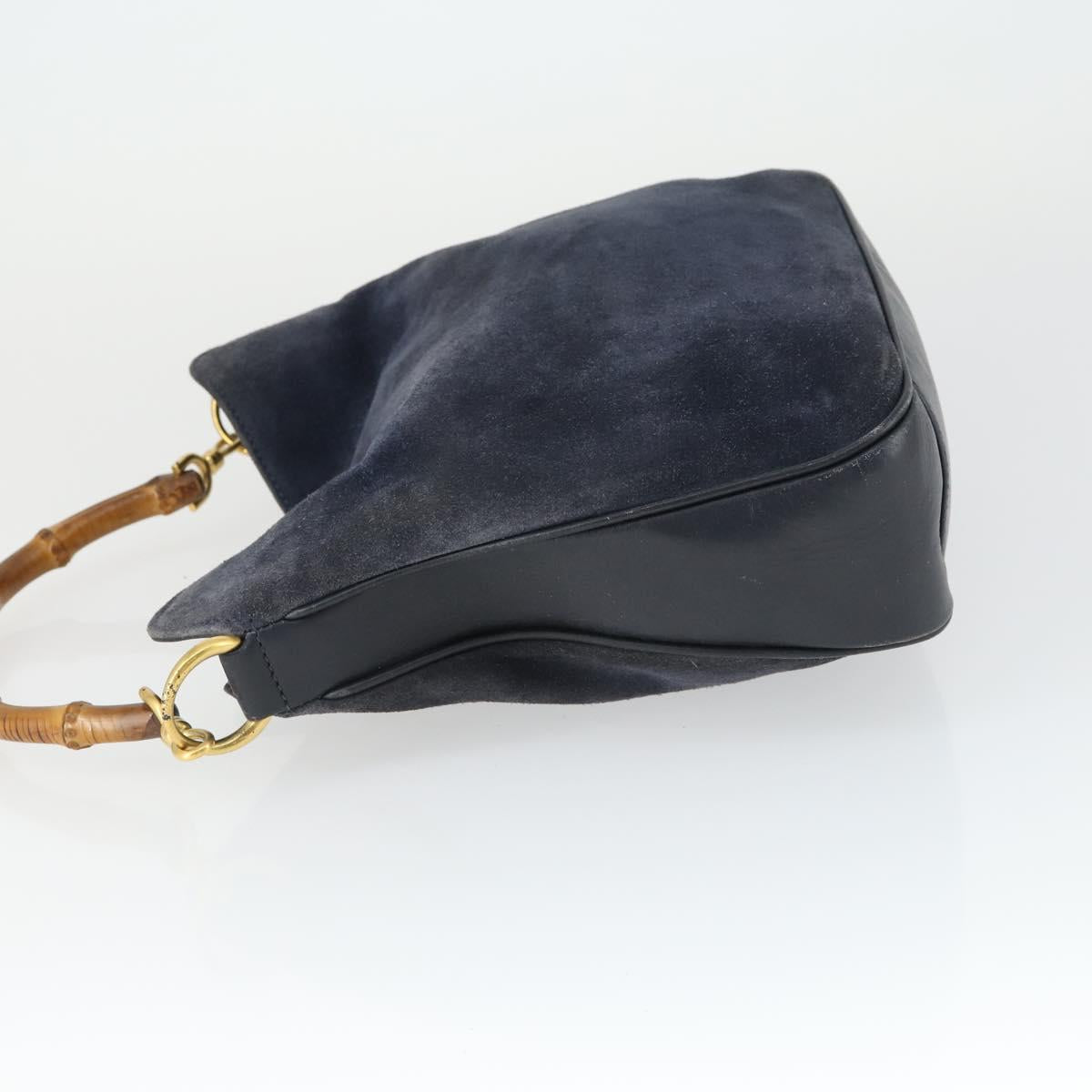 GUCCI Bamboo Hand Bag Suede Navy Gold Auth 170343
