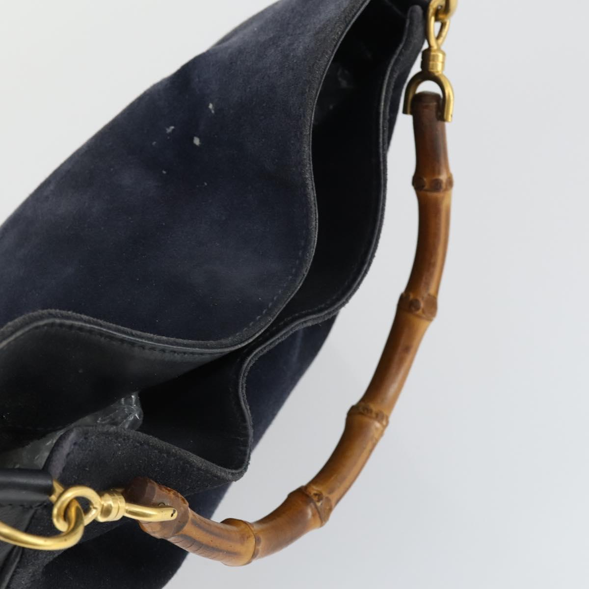 GUCCI Bamboo Hand Bag Suede Navy Gold Auth 170343
