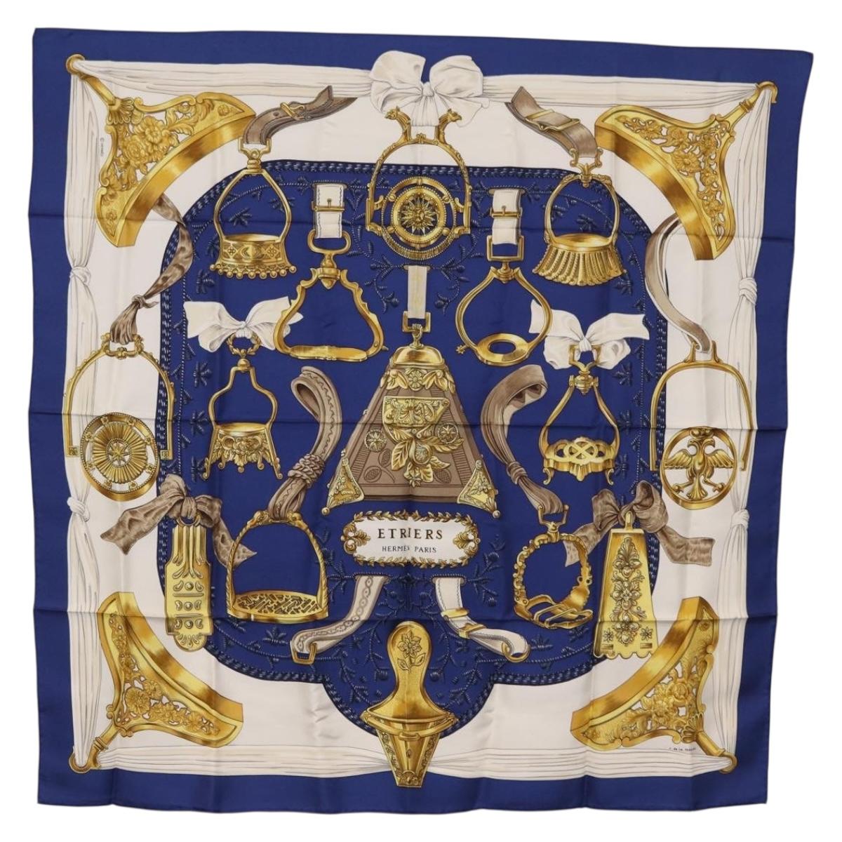 HERMES Carre 90 Scarf ""ETRIERS"" Silk Blue Auth 170351V