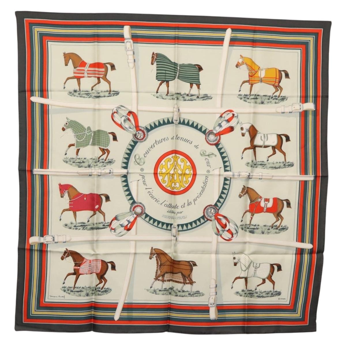HERMES Carre 90 Scarf ""Couvertures et Tenues de Jour"" Silk Green Auth 170358V