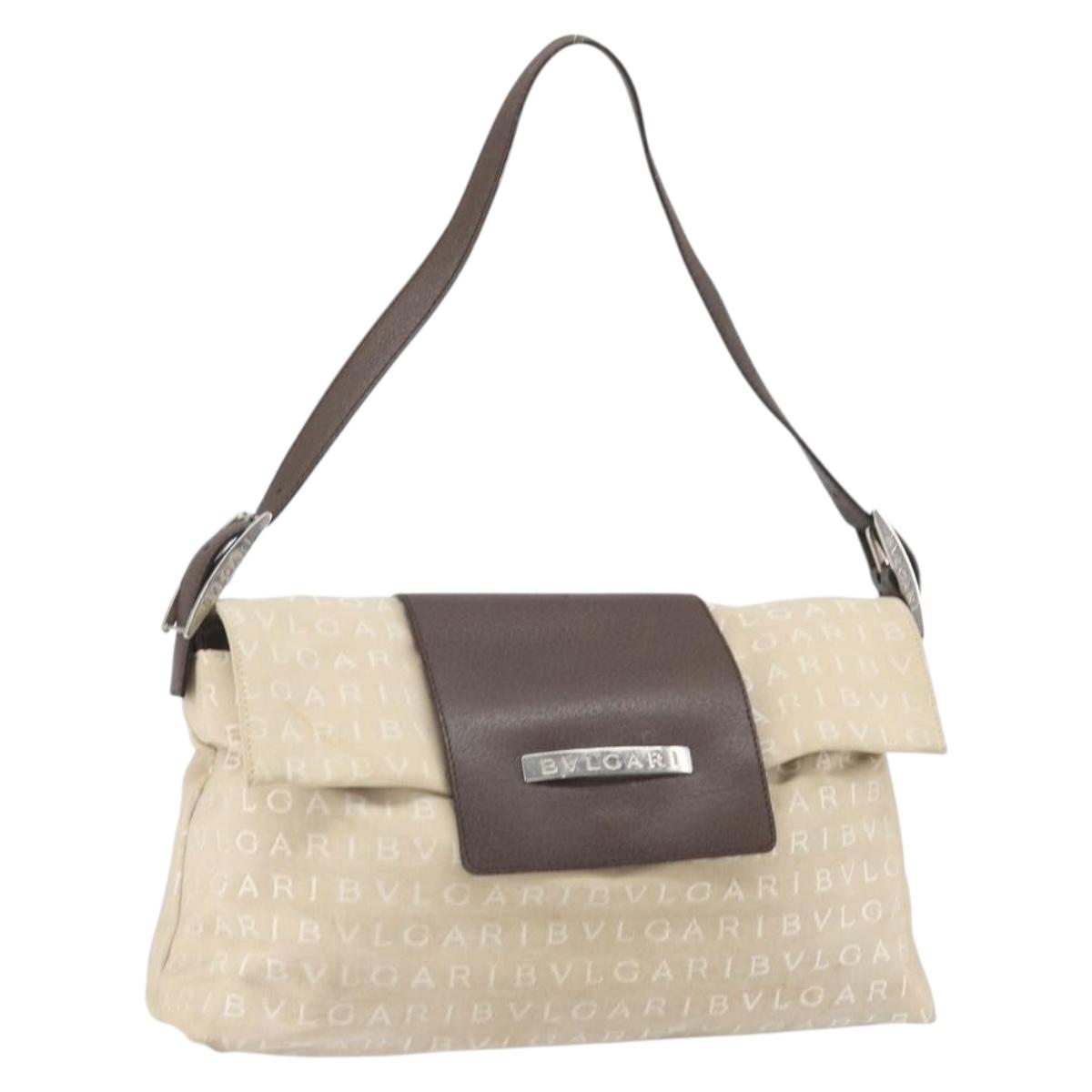 BVLGARI Logo Mania Shoulder Bag Canvas Beige Silver Auth 170371