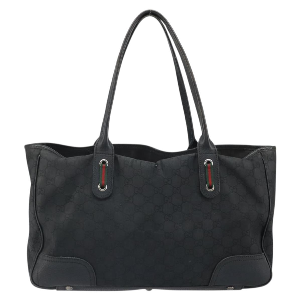 GUCCI GG Canvas Web Sherry Line Tote Bag Black Silver Red 293592 Auth 170377
