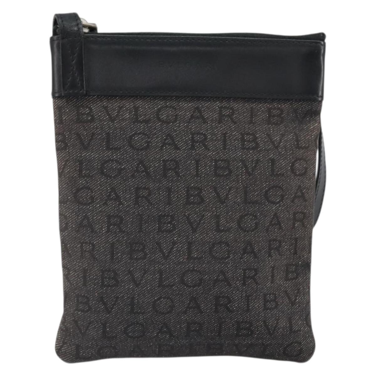 BVLGARI Logo Mania Shoulder Bag Canvas Black Silver Auth 170379