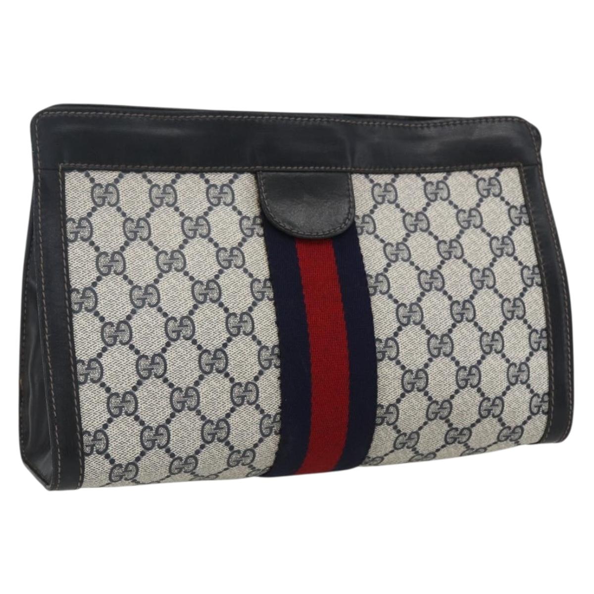 GUCCI GG Supreme Sherry Line Clutch Bag PVC Navy Red Auth 170386