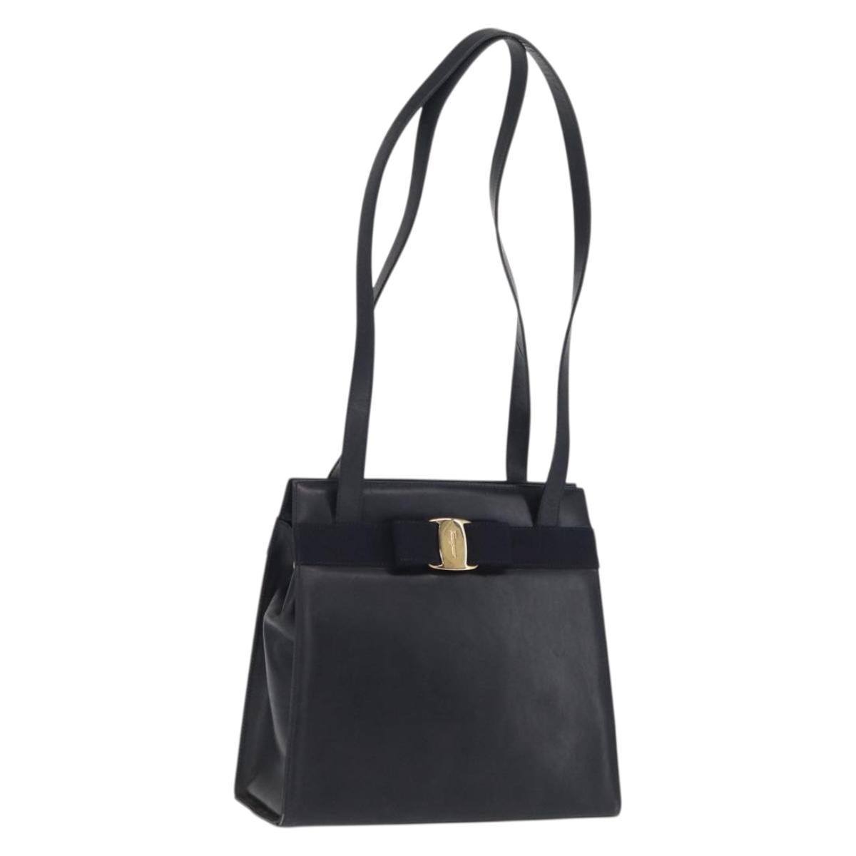 Salvatore Ferragamo Vala Ribbon Shoulder Bag Leather Navy Gold Auth 170410