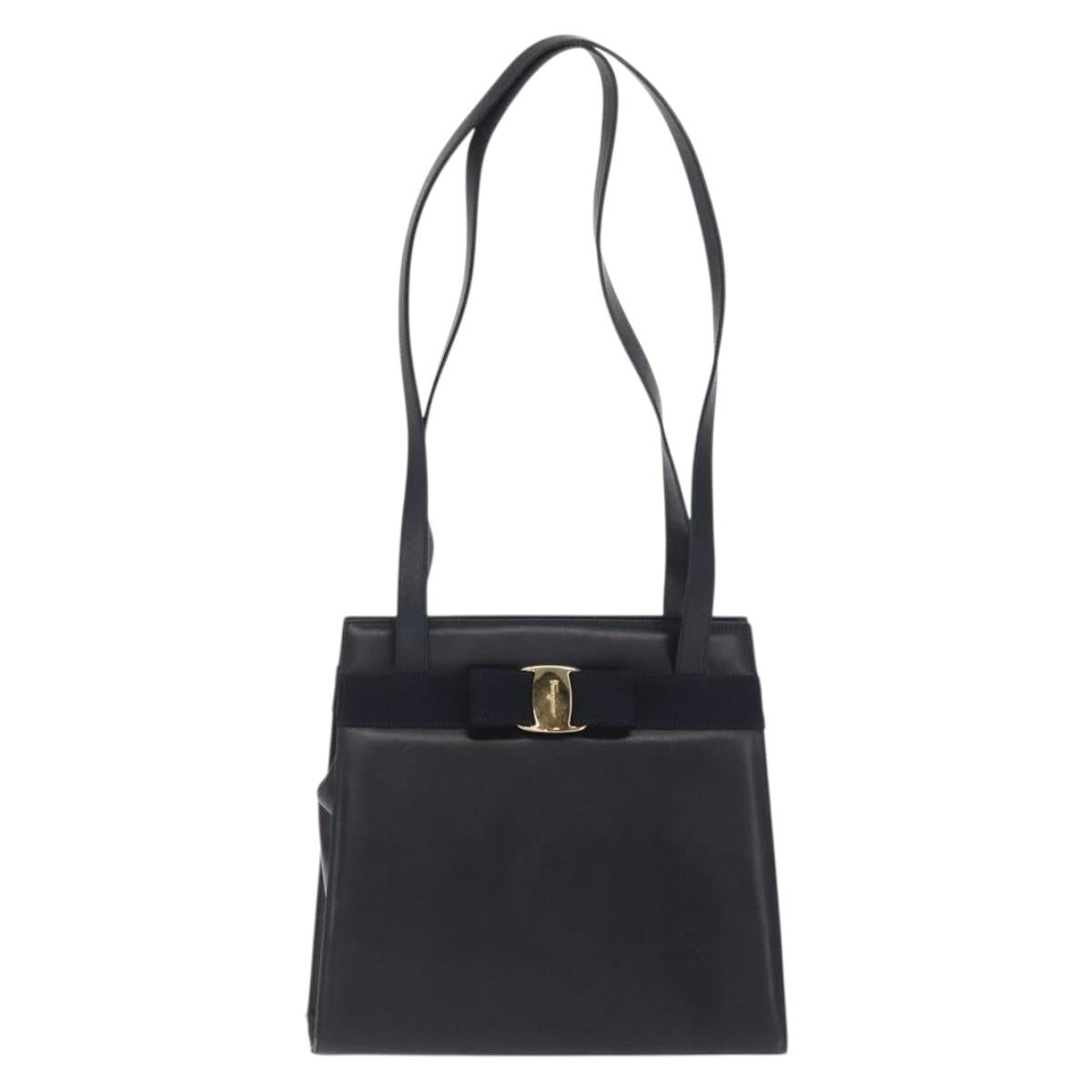 Salvatore Ferragamo Vala Ribbon Shoulder Bag Leather Navy Gold Auth 170410