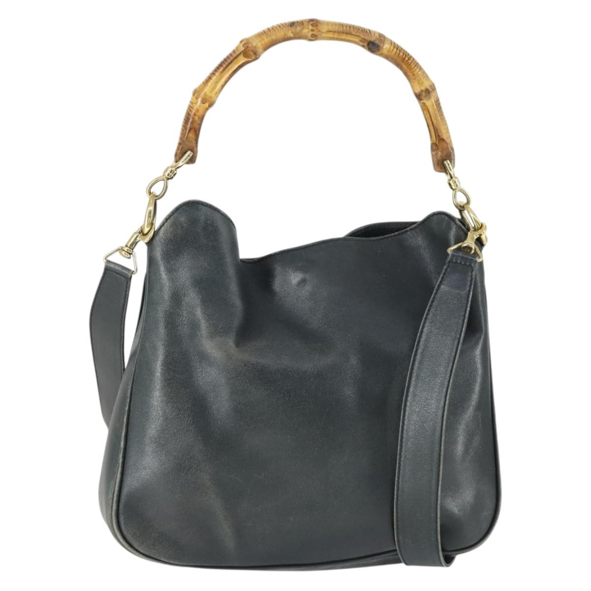 GUCCI Bamboo Hand Bag Leather 2way Black Gold 001 2113 1638 Auth 170415